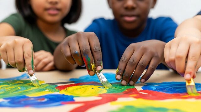 Vibrant Childhood Art: A diverse group of children collaboratively paint a large canvas with bright colors, their hands covered in paint as they explore their creativity.