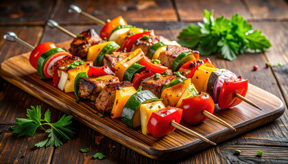 Grilled meat and vegetable skewers with colorful bell pepper, zucchini, and onion served on wooden board with fresh parsley garnish, rustic wooden table background, appetizing and vibrant