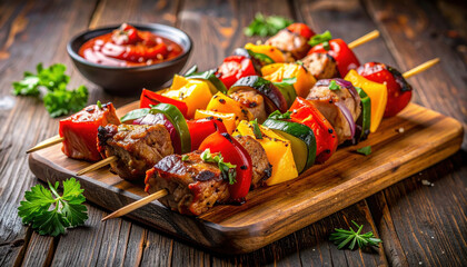 Grilled meat and vegetable skewers with colorful bell pepper, zucchini, and onion served on wooden board with fresh herbs and bowl of tomato sauce, appetizing and vibrant