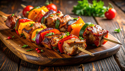 Grilled meat and vegetable skewers with colorful bell pepper, zucchini, and herbs served on wooden board, showcasing delicious and vibrant barbecue meal