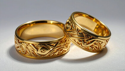 Golden rings with intricate carved patterns lie on smooth surface, reflecting warm light and showcasing detailed craftsmanship and elegant design in close up view