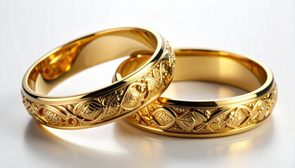 Two gold rings with intricate engraved patterns lie on smooth white surface, reflecting light and showcasing their elegant craftsmanship and shiny finish