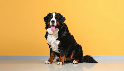 Bernese mountain dog sitting on shiny floor with yellow wall background, happy expression with tongue out and fluffy black, white, and brown fur coat