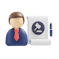 Stylized 3D Male Figure in Blue Suit and Red Tie Stands Beside a Document with Gavel Symbol and Pen on Transparent Background Represents Legal Justice and Authority
