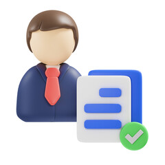 Stylized Male Figure in Blue Suit and Red Tie Stands Beside Stacked Documents with Green Check Mark on Transparent Background