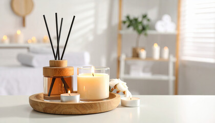 Aromatic reed diffuser and lit candles on wooden tray create calming and cozy atmosphere in softly lit spa room with blurred background and natural light