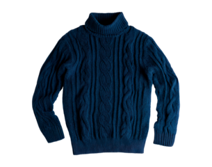 Cozy blue cable knit turtleneck sweater on transparent background