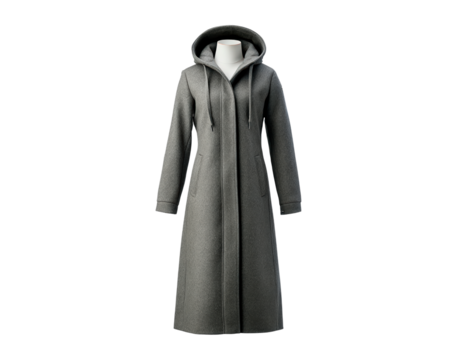Elegant gray long coat with hood for winter fashion and outerwear design