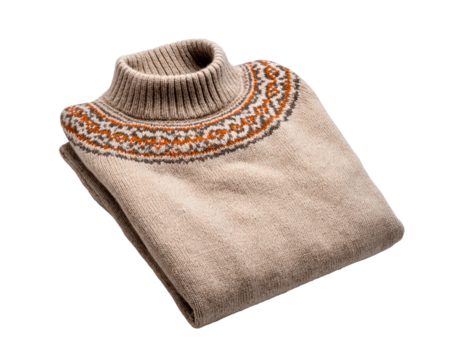 Cozy beige knit sweater with ornate patterned collar for autumn fashion design