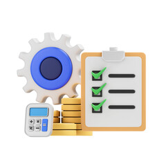 Calculator Gear Stack of Coins and Checklist with Green Checkmarks symbolizing financial planning and business efficiency in a 3D render