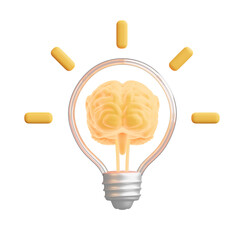 Conceptual 3D Illustration of a Human Brain Inside a Light Bulb Symbolizing Innovation and Bright Ideas with Glowing Orange Rays on a Black Background