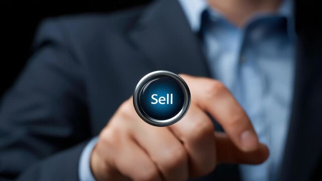 Sell button held by businessman pressing decision to trade market with confident finger gesture and glossy round switch conveying urgency and modern