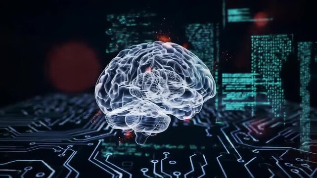 Digital Brain Model on Glowing Circuit Board with Binary Code Overlay