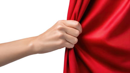 Hand gripping red fabric for dramatic presentation