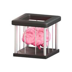 Pink Brain Trapped Inside a Black Metal Cage with White Bars Against a Transparent Background symbolizing mental restriction or cognitive confinement