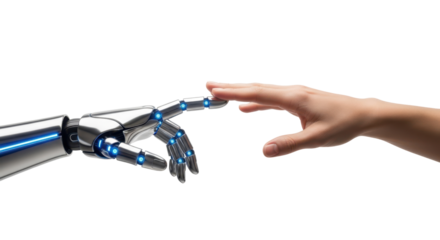 Human hand touching robotic hand, futuristic AI-human connection concept, isolated composition, white background