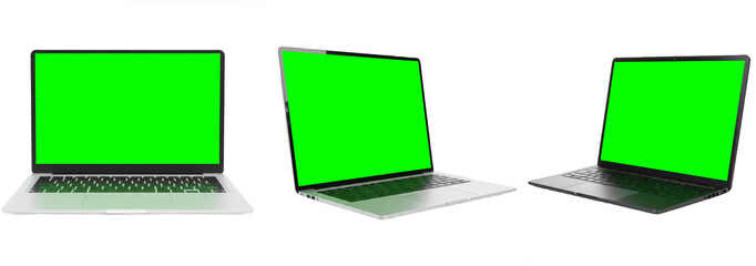 Set of modern laptops with green screen mockup isolated on transparent PNG background, realistic notebook computer display for app presentation, design template, and digital workspace concept