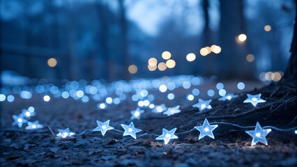 Magical twinkling star shaped fairy lights illuminating a forest floor at dusk