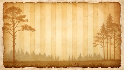 Vintage sepia tone forest silhouette with torn paper edges and vertical stripes background