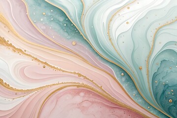 Elegant abstract watercolor fluid art with swirling pastel pink teal and gold accents creating a luxurious marbled texture