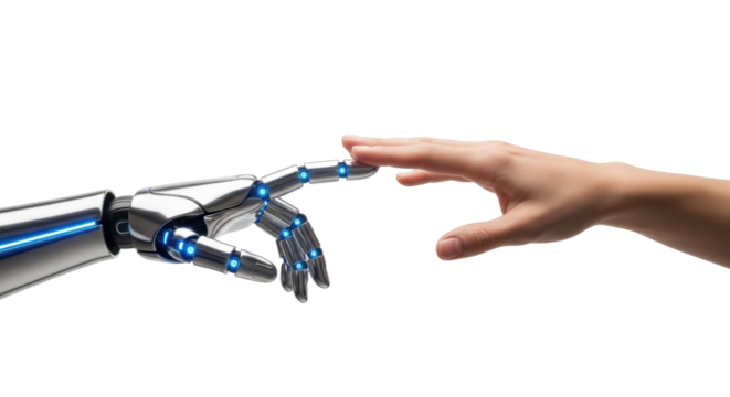 Human hand touching robotic hand, futuristic AI-human connection concept, isolated composition, white background