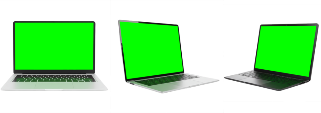 Set of modern laptops with green screen mockup isolated on transparent PNG background, realistic notebook computer display for app presentation, design template, and digital workspace concept