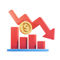 Red declining bar chart with downward arrow and golden dollar coin symbolizing financial loss and economic recession against a transparent background