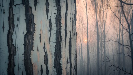 Close up of textured birch tree bark with a soft misty forest background at sunrise