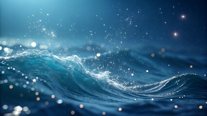 Mysterious deep ocean waves with shimmering light particles and ethereal glow in dark blue water