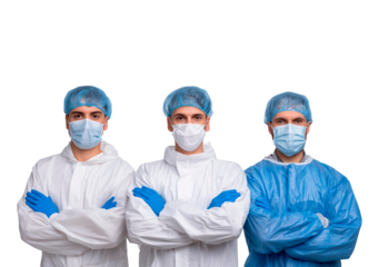Healthcare professionals in protective gear for medical safety and hygiene concepts
