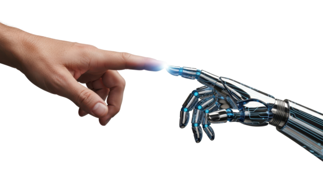 Human hand touching robotic hand, futuristic AI-human connection concept, isolated composition, white background