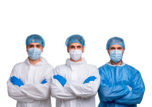 Healthcare professionals in protective gear for medical safety and hygiene concepts
