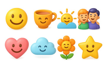 Joyful 3D Emoji Icons. Smile break set of icons in 3D color style: big smile emoji, tea cup with happy face, rising sun icon, friends smiling together