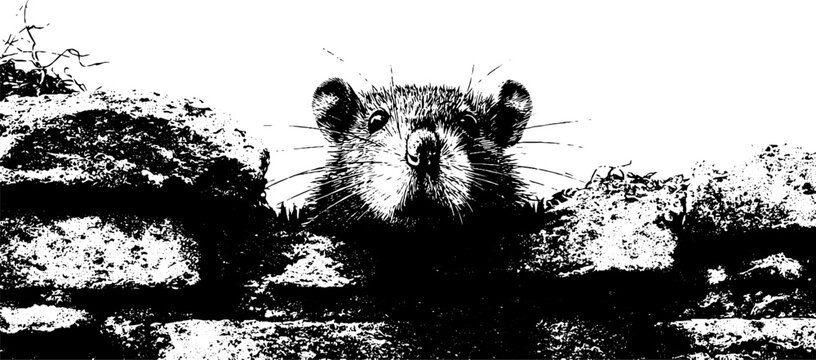 Curious rat exploring urban ruins in black and white stencil art