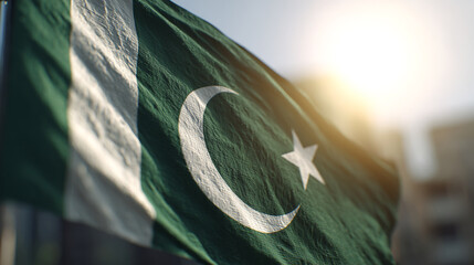 The flag of Pakistan flutters proudly against a backdrop of urban structures, illuminated by the sun's rays. The nation's emblematic symbol billows freely.