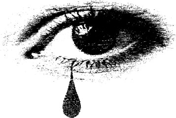 Stylized eye silhouette with teardrop in black and white stencil art