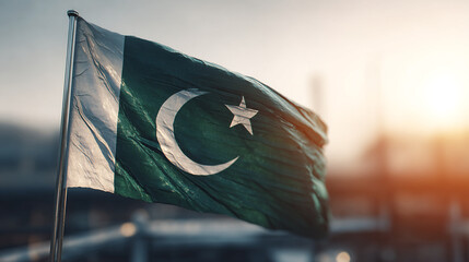 A vibrant shot of the Pakistan flag, illuminated by a golden sun, symbolises nation, culture and patriotic pride.