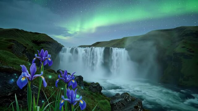 Icelandic Waterfall Aurora - A Symphony of Natures Wonders.