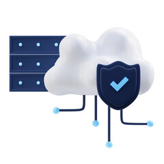 3D Cloud Computing Security Icon with Server Rack and Shield Symbol on Transparent Background