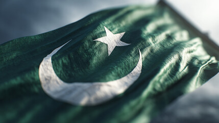 The Pakistani flag flutters proudly in the wind, a symbol of national pride and unity. The emerald green and white crescent moon and star.