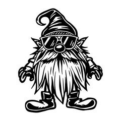 Black and white vector illustration of a cool gnome wearing sunglasses and hat. Funny modern Christmas design.