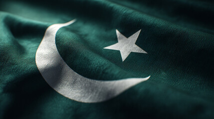 A close-up shot of the waving emblem of Pakistan, the crescent moon and star. The flag's intricate design and rich colors reflect a sense of pride and heritage.