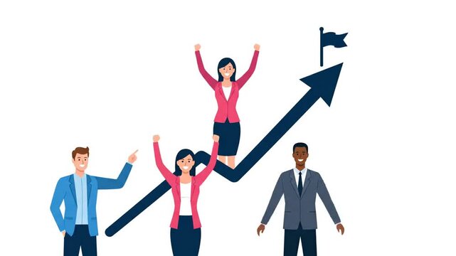 Diverse Business Team Animation Celebrating Success and Achieving Goals on an Upward Growth Arrow.