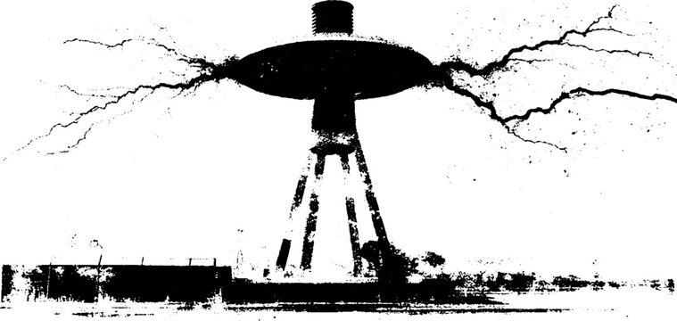 Electric energy silhouette of tesla coil emitting lightning with grungy texture