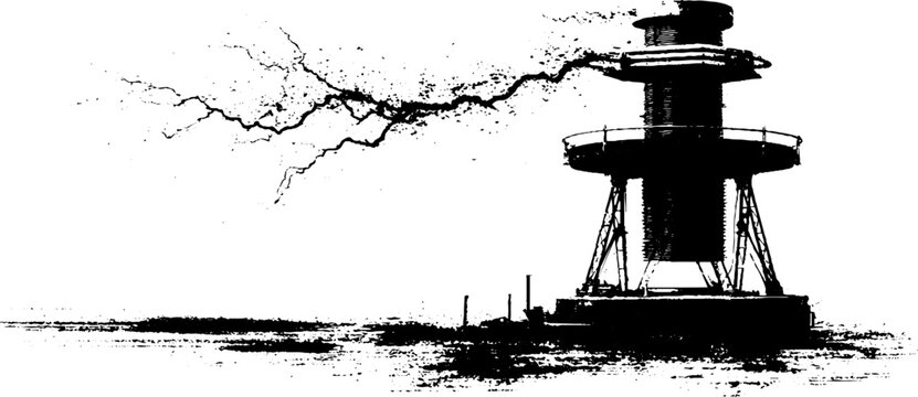 Black and white stencil illustration of a tesla coil emitting electricity for industrial design