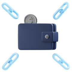 Blue Wallet with Silver Coin and Four Chain Links on a Transparent Background Representing Financial Security and Digital Connectivity