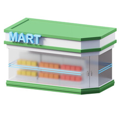 Modern Convenience Store Building With Green Trim And A Lighted Sign Displaying The Word Mart In Blue Over A Glass Front Showing Shelves Stocked With Colorful Products On A Transparent Background
