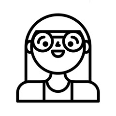 Stylized Black and White Illustration of a Smiling Person with Large Round Glasses and Long Hair on a Transparent Background