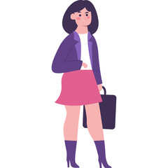 Business Woman Standing with Purple Jacket White Shirt Pink Skirt and Black Briefcase on Transparent Background