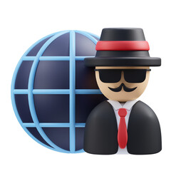 Stylized 3D Illustration of a Mysterious Figure in a Hat and Sunglasses Standing Next to a Globe Symbol on a Transparent Background